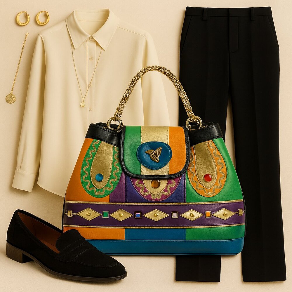 Vintage Renaissance Multicolor Handbag – Eclectic Boho-Chic Statement Bag - Picture 3 of 15